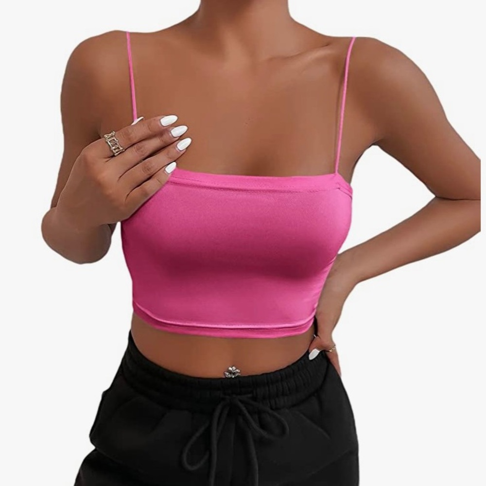 hot pink basic plain spaghetti strap tube crop cami top